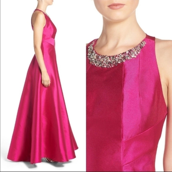 𝅺Eliza J Fuschia Embellished Neck Mikado Gown - Picture 2 of 13